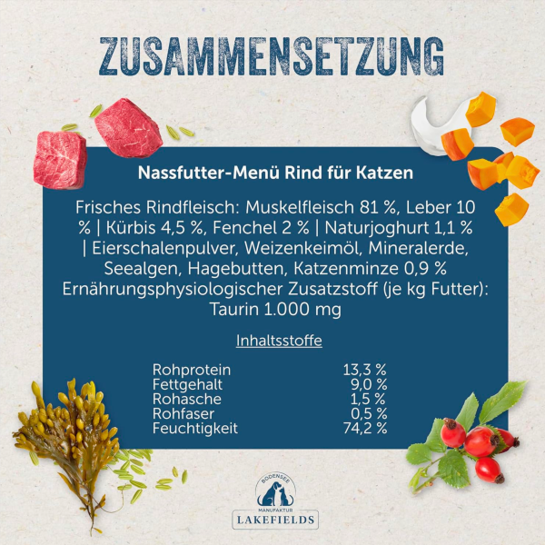Lakefields Katzenfutter Rind – Premium Nassfutter für Katzen mit frischem Weiderind, Gemüse & Kräutern